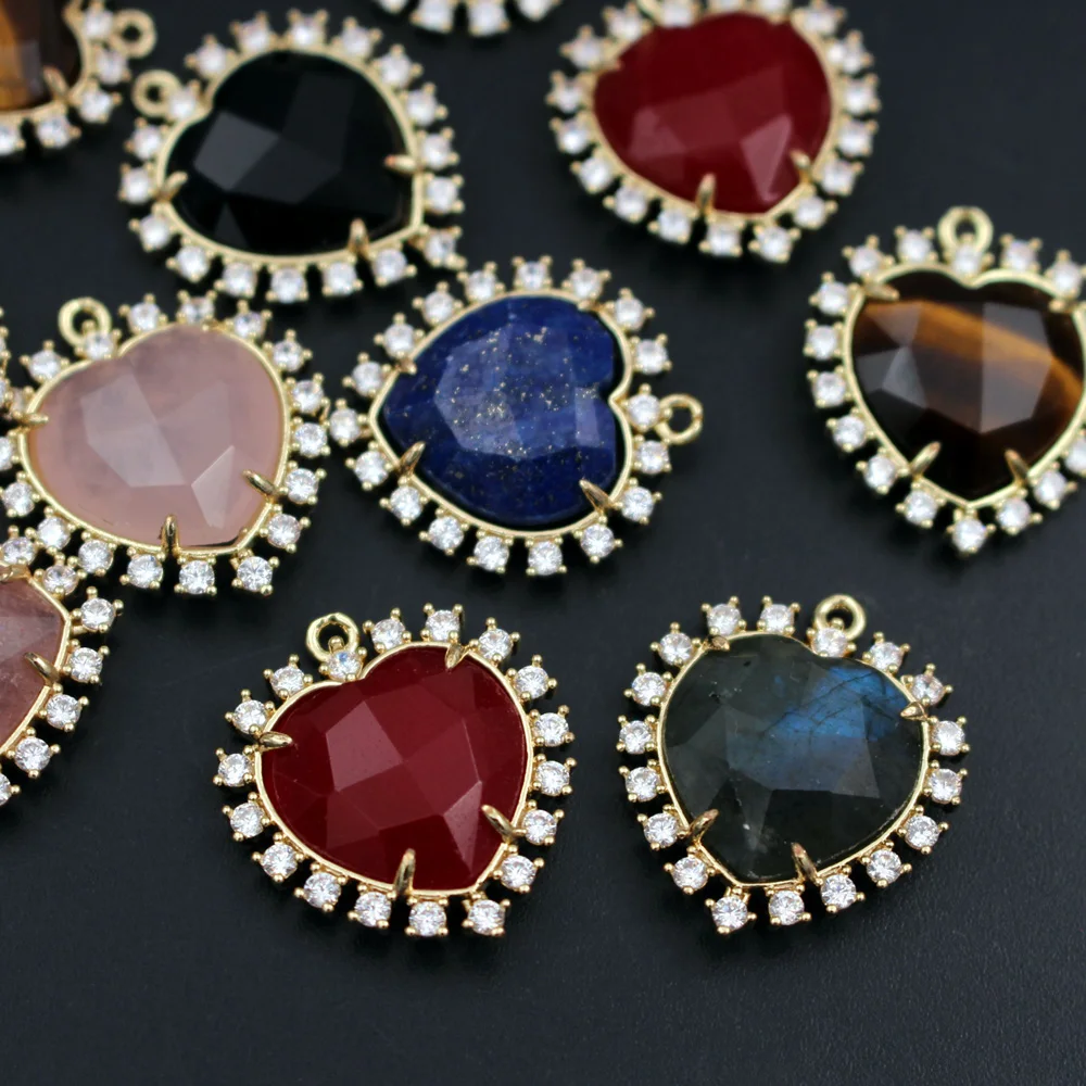 6pcs Faceted Heart Natural Quartz Blue Lapis Labradorite Stone CZ Pendant Charms DIY for Women Earrings Bracelet Chain Necklace