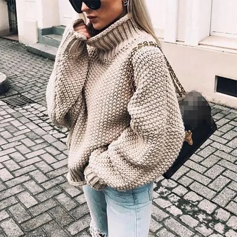 Sweter oversize dla kobiet jesienne swetry z golfem sweter z dzianiny kablowej przytulny sweter długi sweter z rękawami w kształcie skrzydła