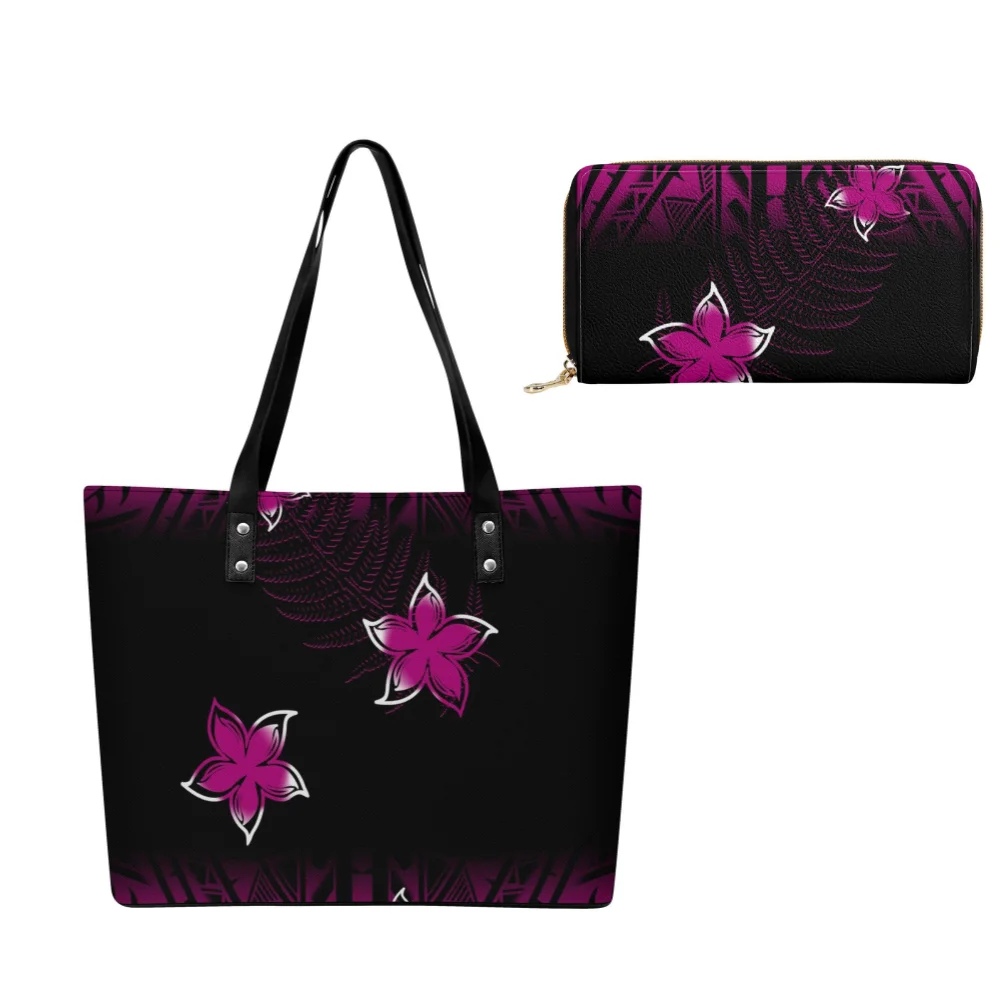 

Polynesian Custom Floral Leather Tote Wallet Duo Womens Casual Spacious Printed Pattern Chic Design Handbag Set