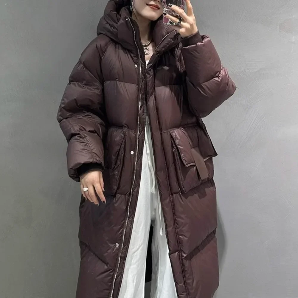 Down Jacket Women Duck Down Coat Fluffy Parkas Hooded Knee Length Loose Puffer Jacket 2024 New Winter Thicken Warm Waterproof