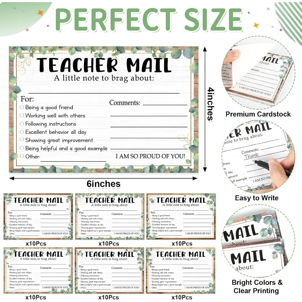 Eucalyptus Happy Mail Teacher Notes to Parents, 60 Pcs Positive Behavior Cards for Classroom Rewards, Elementary School Supplies