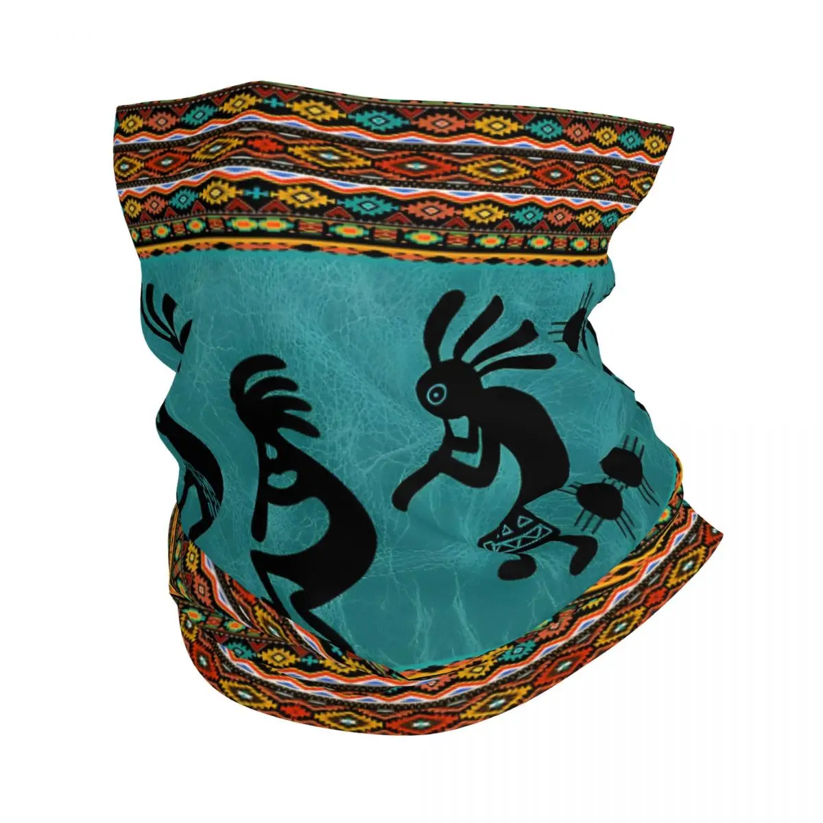 Kokopelli With Tribal Zia Symbol- Turquoise Multi Colors Scarf Neckerchief Neck Face Mask Polyester