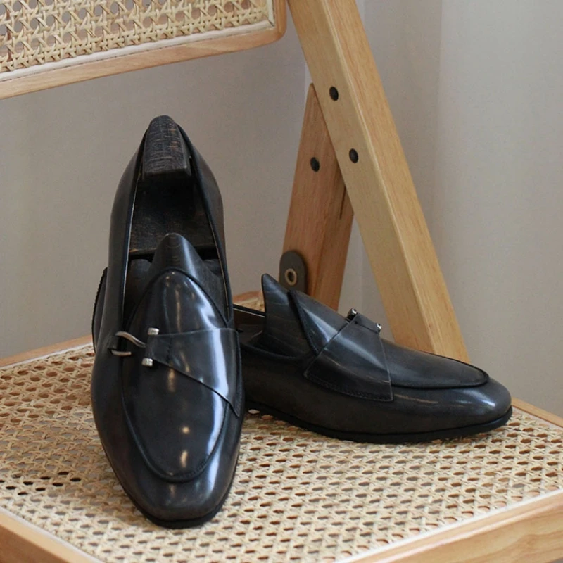 Black Genuine Leather Men Flat Loafers Metal Buckle Breathable Slip-On Men Dress Shoes Business Metal Hook Men Casual Shoes