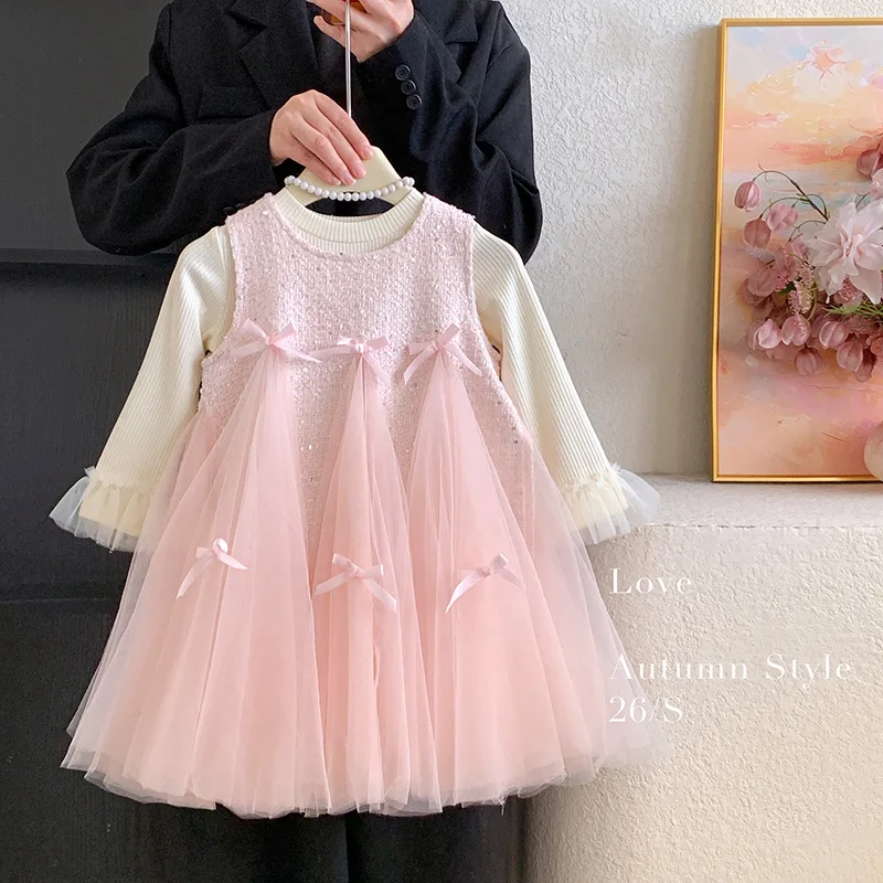 Girl's Little Fragrant Vest Skirt Set 2026 Spring and Autumn Winter New Sweet Beauty Baby Princess Yarn Skirt Two Piece Set