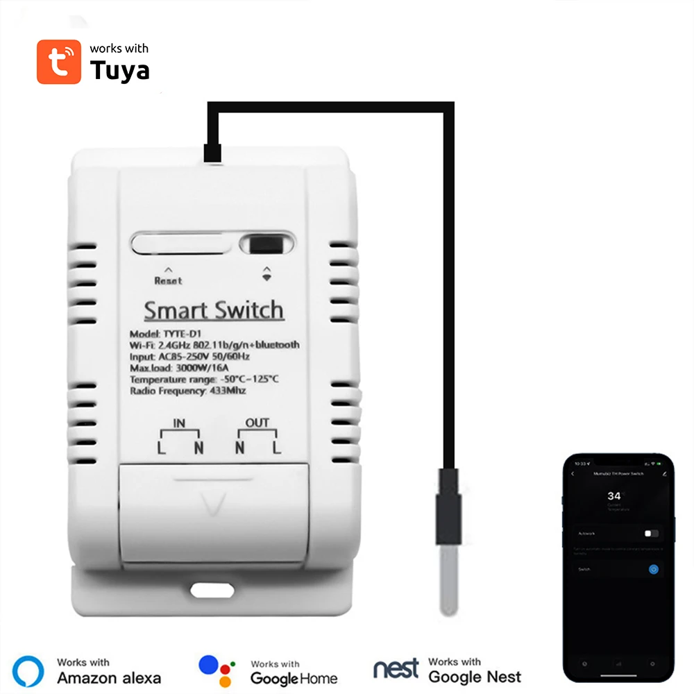 Tuya WiFi Temperature Switch 16A 3000W with Energy Consumption Monitoring Intelligent Thermostat Work with Alexa Home