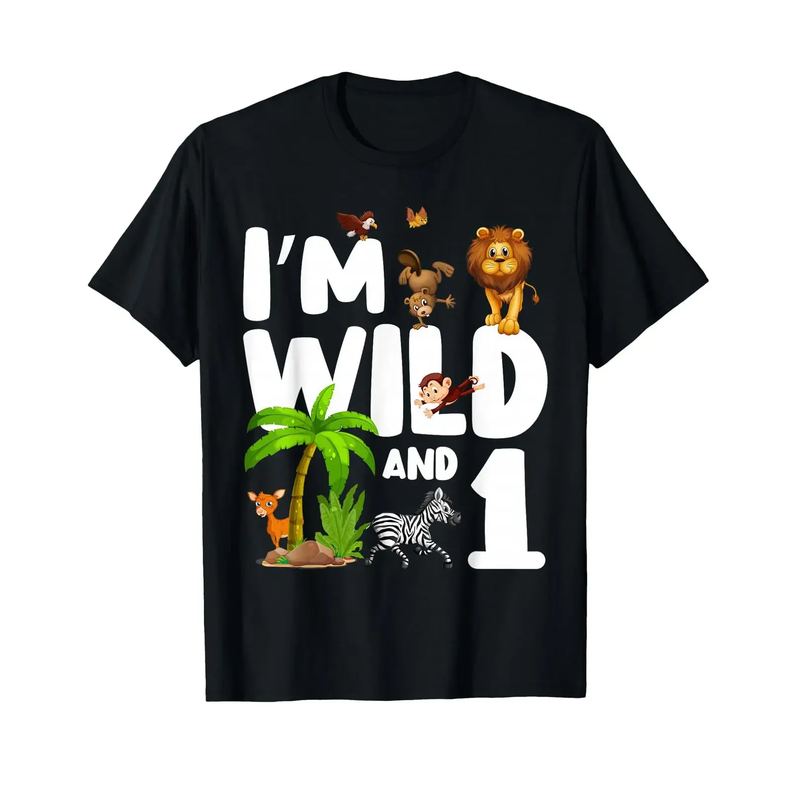 I'm Wild And One 1 Zoo Theme Birthday Safari Jungle Animals T Shirt black s vintage Washed homme Stretched Soft Unisex