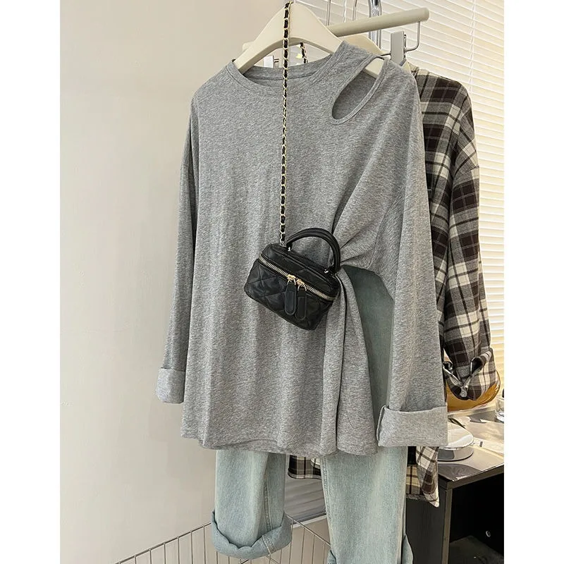 

Women's Fashion Hollow Out Solid Color Casual Long Sleeve T-Shirt Spring Summer Loose Pure Cotton O-neck Lazy Tops
