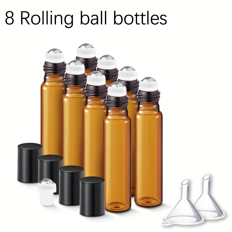 8pcs, 10ml amber glass ball bottle, including 10 ball bottles and 2 funnels, cosmetic skincare liquid - travel accessories