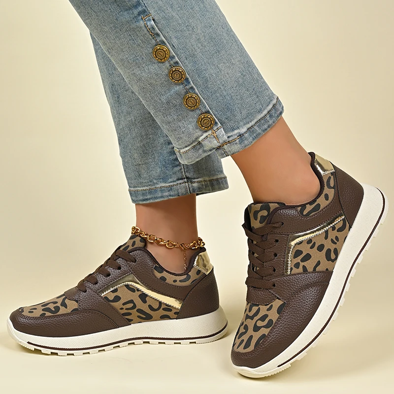 Zapatillas de deporte con plataforma de leopardo para mujer, zapatos informales de tendencia para exteriores, cómodas zapatillas planas con cordones, zapatillas deportivas para correr y tenis para mujer 41