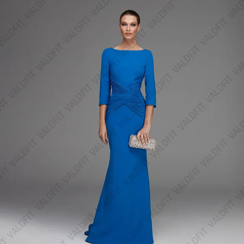 Customized Long Mermaid Blue Mother of the Bride Dresses with Sleeves Chiffon Wedding Party Guest Evening Prom Gowns