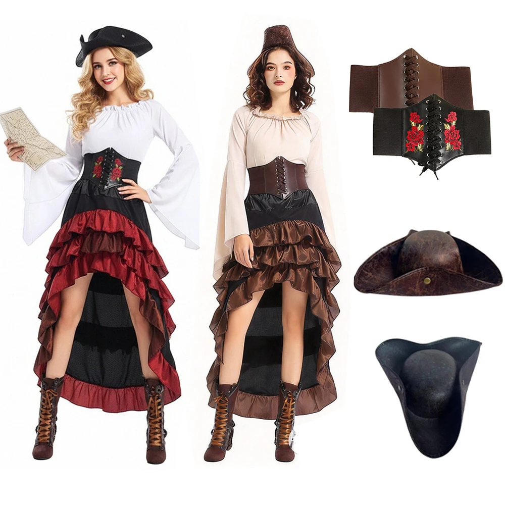 Conjunto de Disfraz de Pirata para Halloween, Estilo Medieval Europeo Vintage, Sombrero Triangular con Borde, Corsé con Cordones, Falda Midi, Traje de Marinero