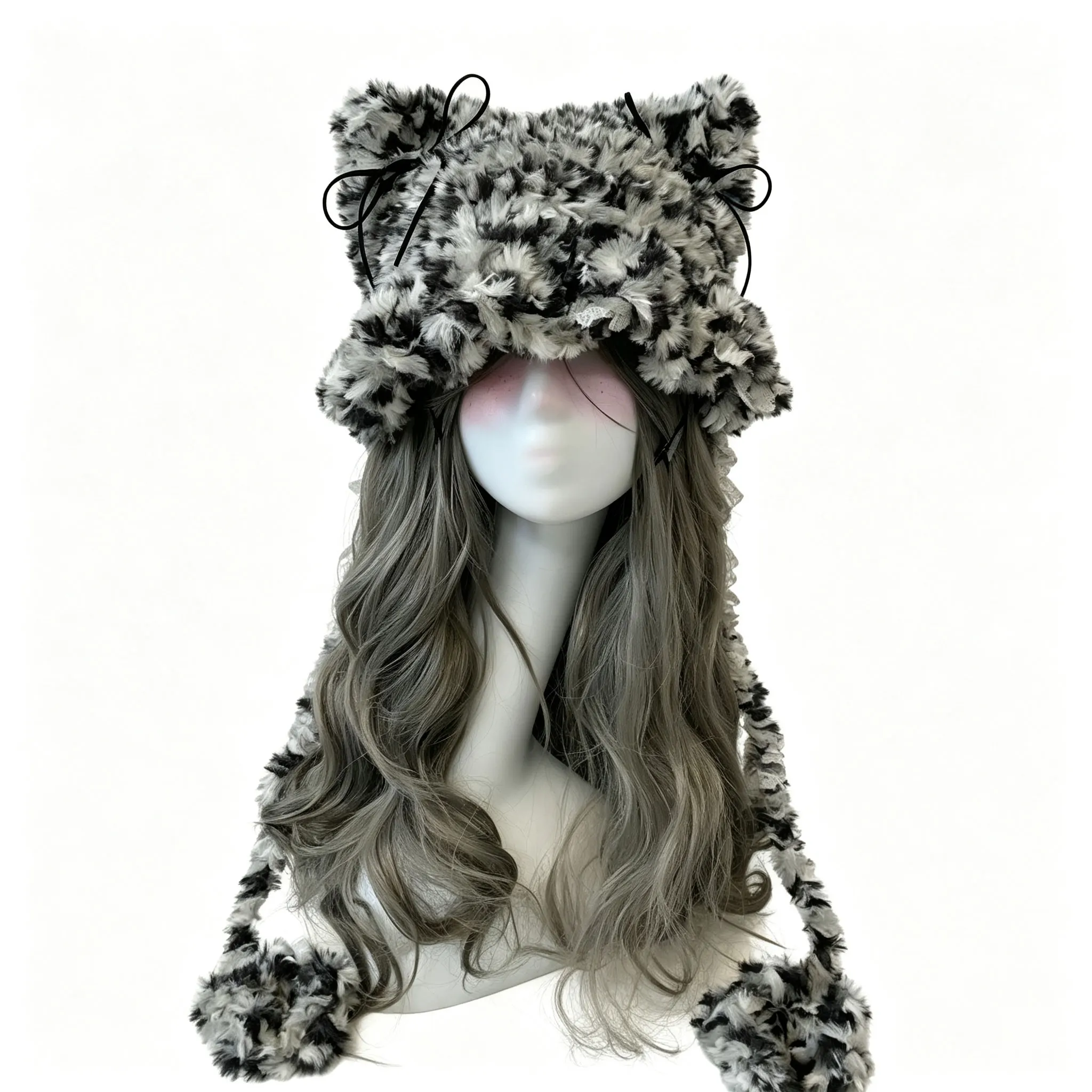Handmade Black Grey Cat Ear Hat Women Winter Custom Crochet Soft Knitted Paw Beanie Men Warm Casual Gothic Cosplay Earflap Caps