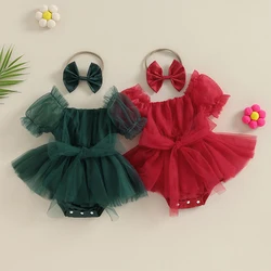 Christmas Baby Girl Rompers Dress Newborn Infant Toddler Tulle Bow Jumpsuit And Headband Princess Xmas Party Outfits