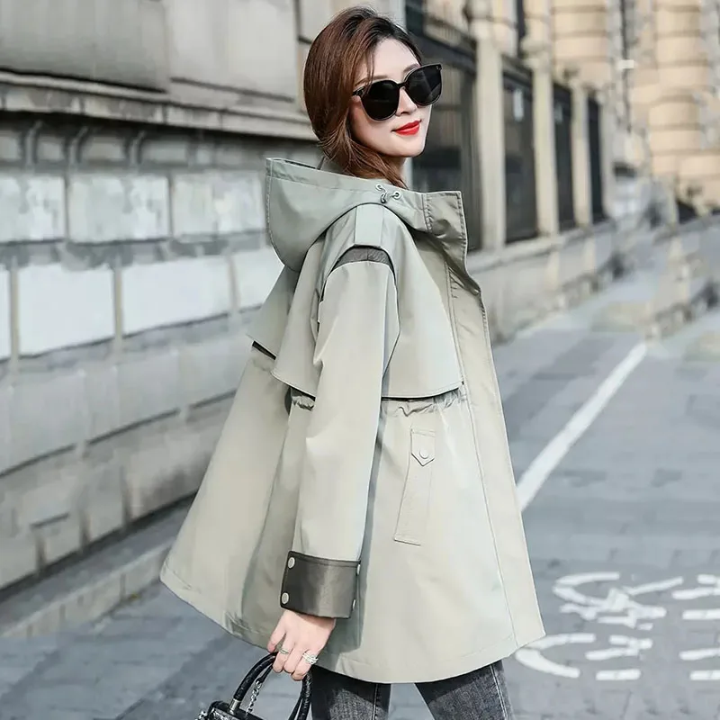 Windbreaker Coat Women Spring Autumn 2026New Fashion Medium Long Hooded Jacket Ladies Loose Versatile Casual Overwear Female Top