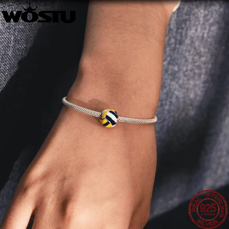 WOSTU 925 Sterling Silver Charm Tennis Ball Volleyball Football Bead Pendant Fit Original Bracelet Necklace For Women Jewelry