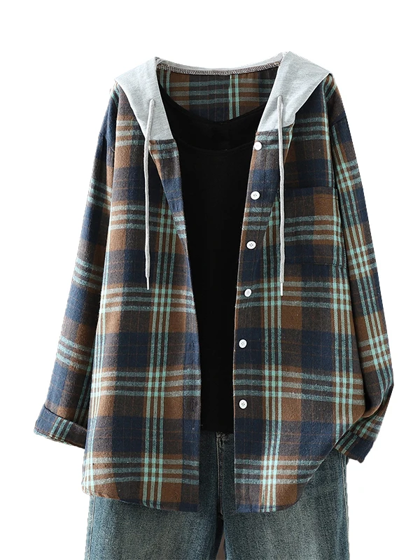 Talla grande de moda suelta larga Sve con capucha a cuadros irt Jaet mujeres Thiened cárdigan abierto falso de dos piezas irt Jaet otoño...