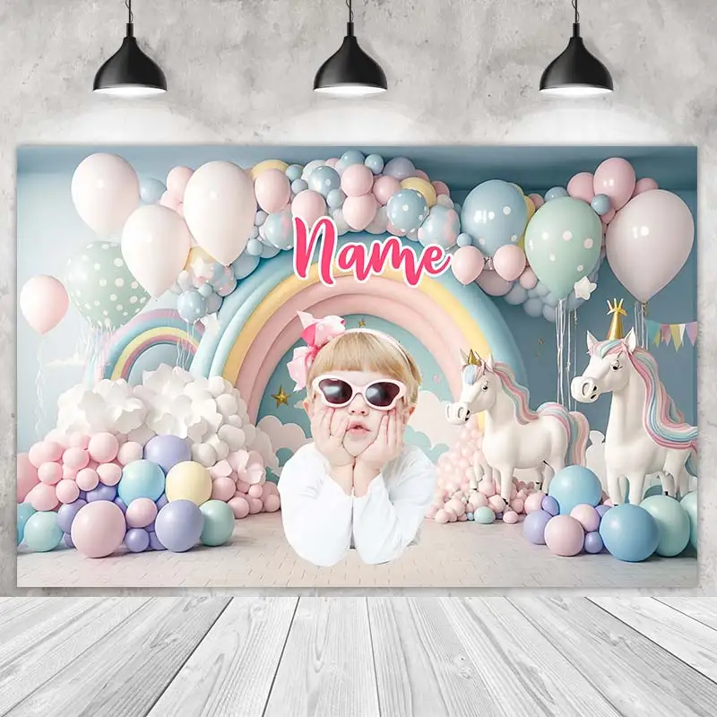 Unicorn Party Backdrops Princess Girl Birthday Photography Cake Smash Rainbow Balloons Background Shoot Customize Name Photo