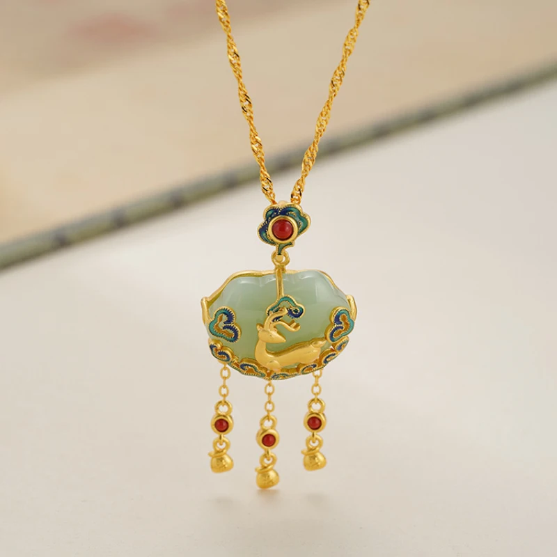 Natural Hotan Jade Green Ruyi Lock Necklace New in Chinese style Luxury Ancient Gold Craft Deer Pendant Cheongsam Jewelry Gift view 3