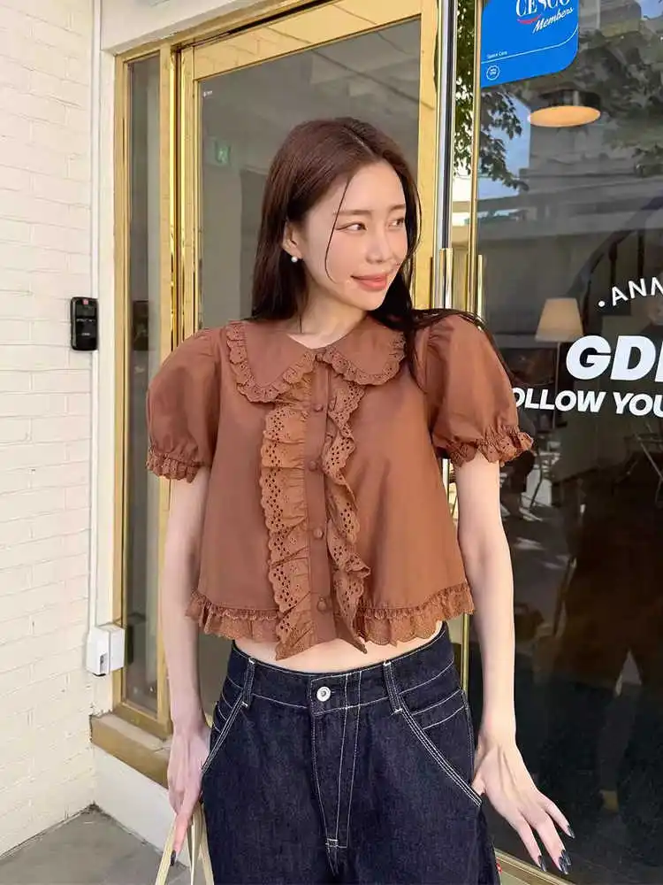 

Clothland Women Vintage Lace Blouse Short Sleeve Single Breasted Shirt Summer Fashion Casual Tops Blusa DA595
