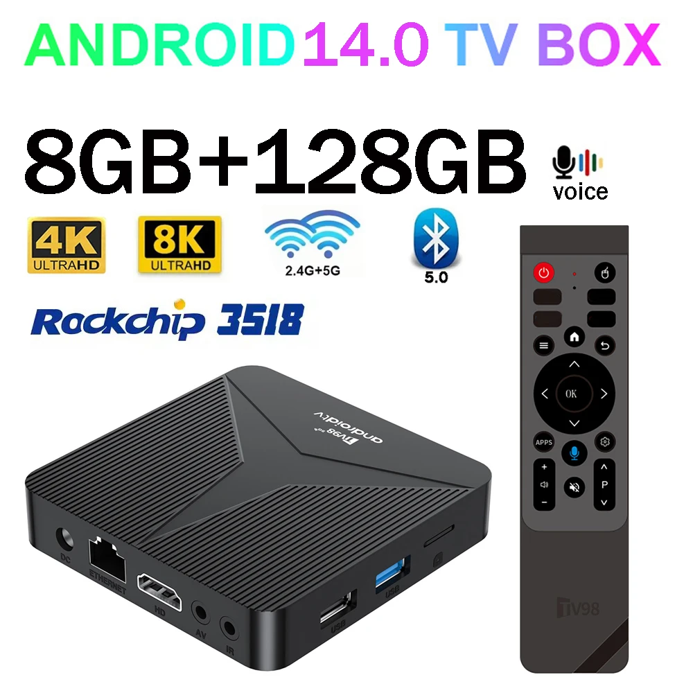 

ТВ-приставка Android 14 TV98 ATV Smart IPTV 4G 5G Wifi6 BT5.0 8K 4K Ultra HD с голосовым пультом, 8 ГБ ОЗУ, 128 ГБ ПЗУ, RK3518