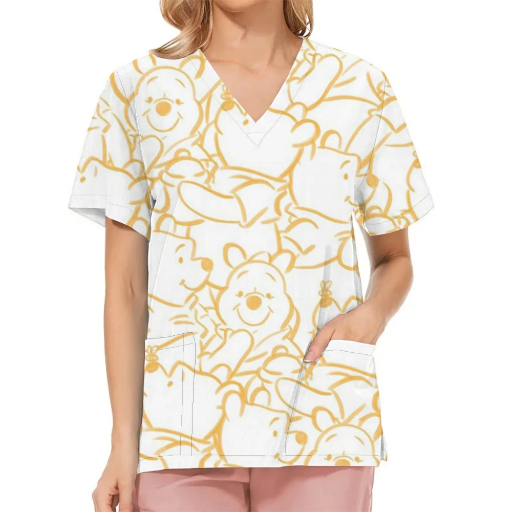 Disney Winnie the Pooh Krankens ch wester Uniform Frauen Kurzarm V-Ausschnitt Tops Taschen druck Gesundheits wesen Tierklinik Carer Workwe