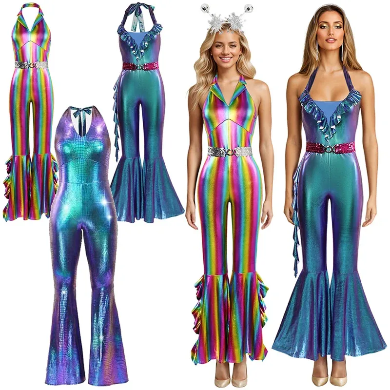 

70s 80s Party Disco Cosplay Fantasy Neon Jumpsuit Headband Clothing Retro Dance Stage Costume Disguise Adult Women Outfits