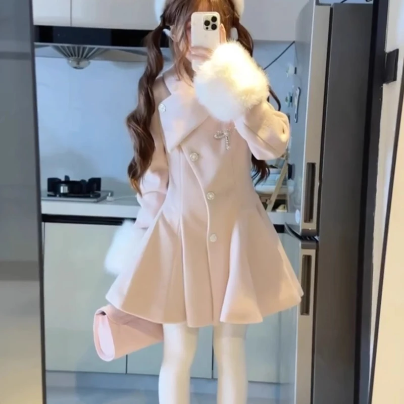 

French Design Princess Woolen Fur Cuff Waist-Cinching Women's Dress Coat Winter New Sweet Cute Versatile Quilted Coats Ladies