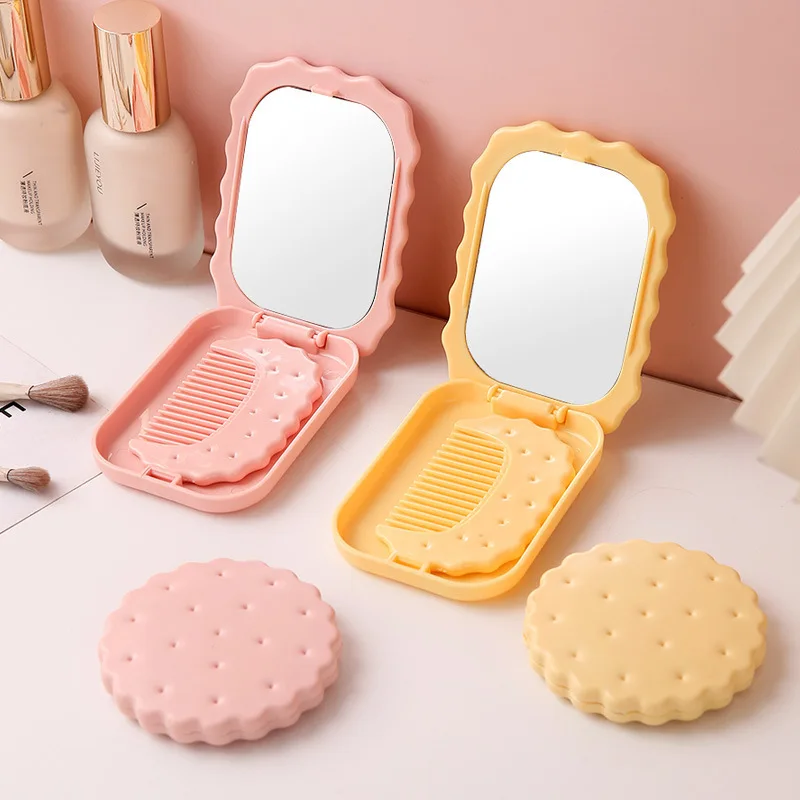 2Pcs Rectangle + Round Cheese Cracker Design Folding Mirror With Comb- Double-Sided, Portable Makeup Mirror For Purses & Travel