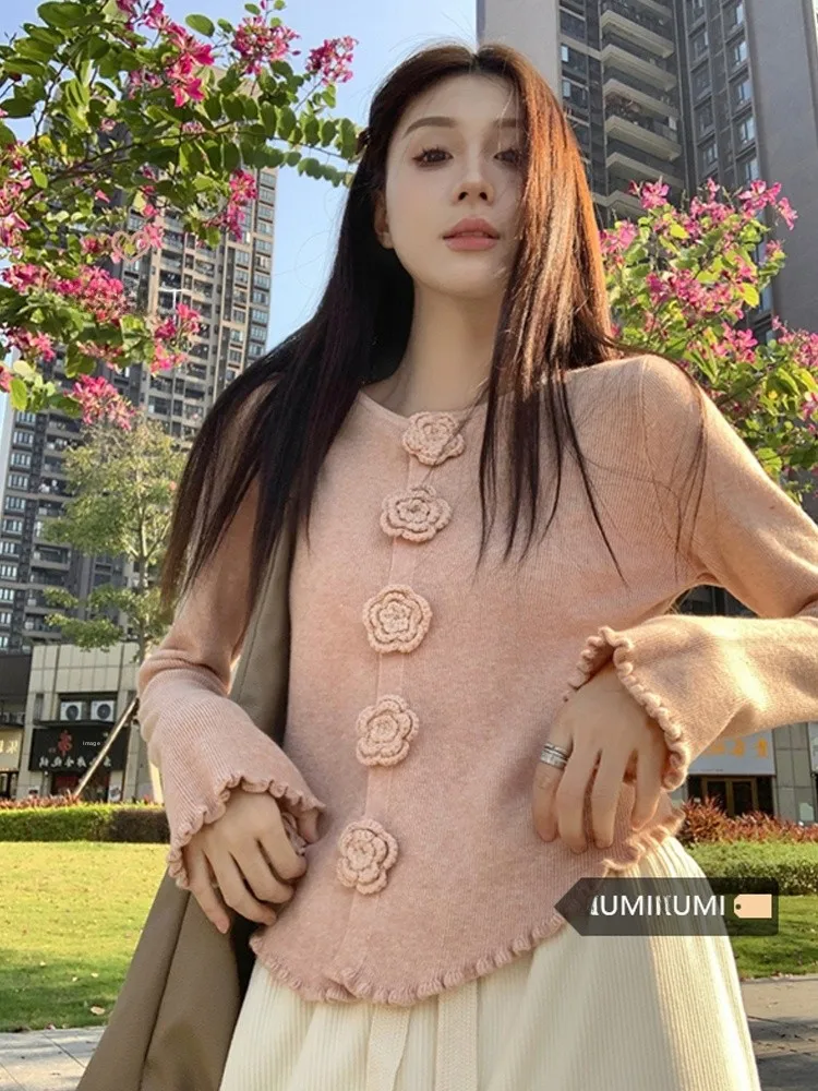 

3D Rose Flower Long Sve Knitted Sweater Women's Sle Slim Fit Sweet Design Wood ain Autumn New Arrival Top