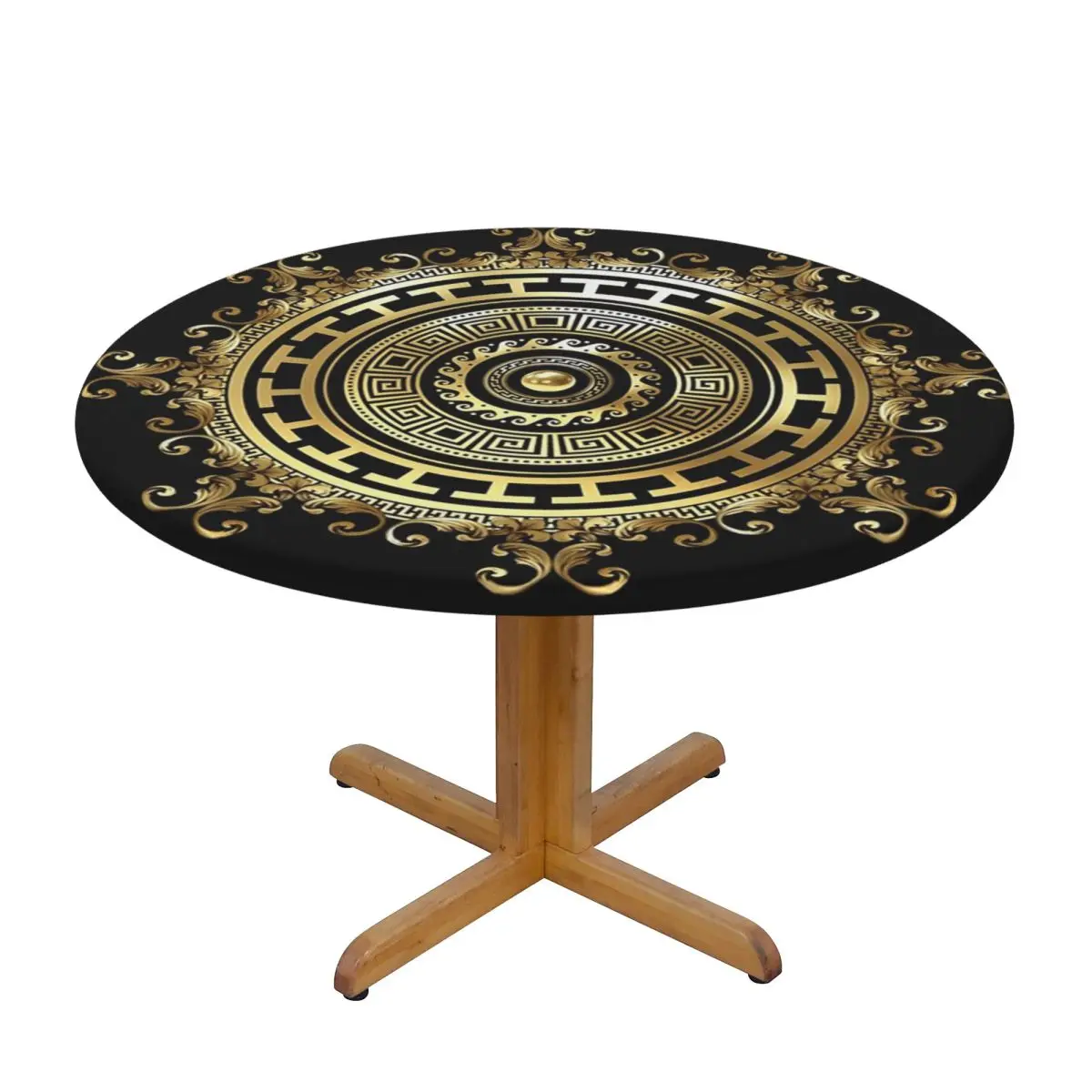 Greek Keys Black Gold Medallion Meander Baroque Waterproof Round Tablecloth Table Cloth for Kitchen Events Dining Table Cover