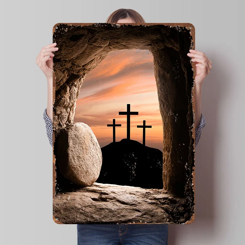 Resurrection Dawn – Affiche en tôle avec croix en silhouette, art mural personnalisé, panneaux métalliques vintage, plaque en tôle rétro pour la maison