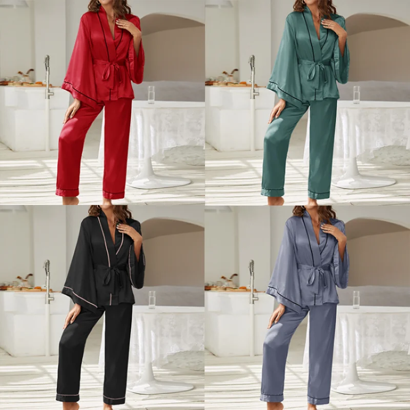 2 Piece Set Women Pajamas Satin Sleepwear Long Flared Sleeve and Long pant Fallow V-Neck Collar Casual Night Suits