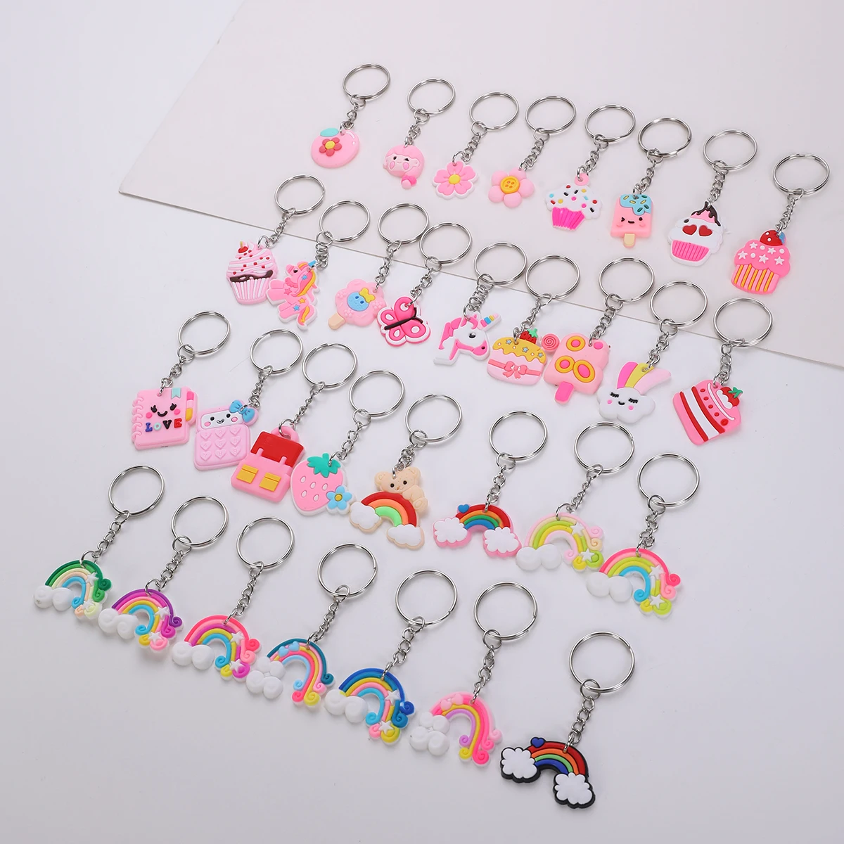 32pcs Cartoon Keychain, Cute PVC Flowers Animal Ice Cream Rainbow Keyring For Classroom Prizes, Birthday Party Favors Gift