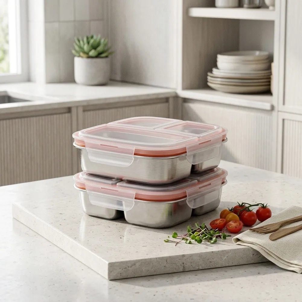 Stainless Steel Snack Box Set 2-Pack 17.6 cm Square Design with 3-Section and 4-Section Layout for Balanced For Meal Prep