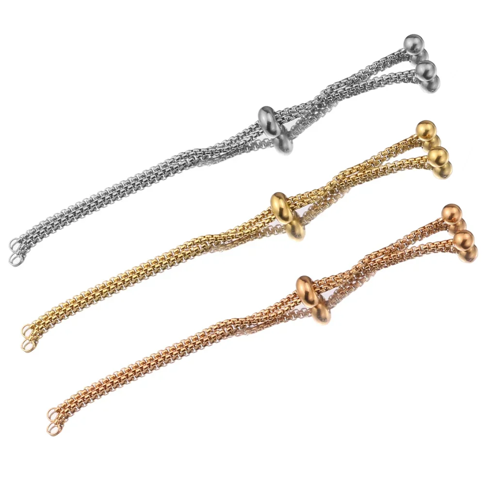 3pcs Stainless Steel Gold Slide Bracelets Coulissant Adjustable Chains Bracelet with Rubber Beads for Jewelry Making Accessories