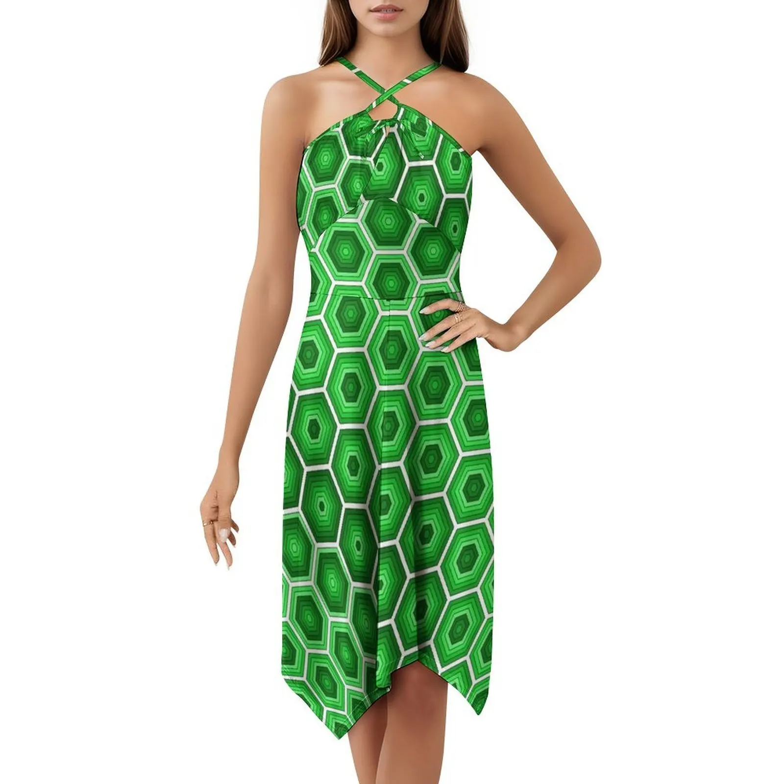 فستان حفلات نسائي من السداسي الأخضر ملابس عصرية مطبوعة للنادي للسيدات سداسية خضراء هندسية متحدة المركز للنساء