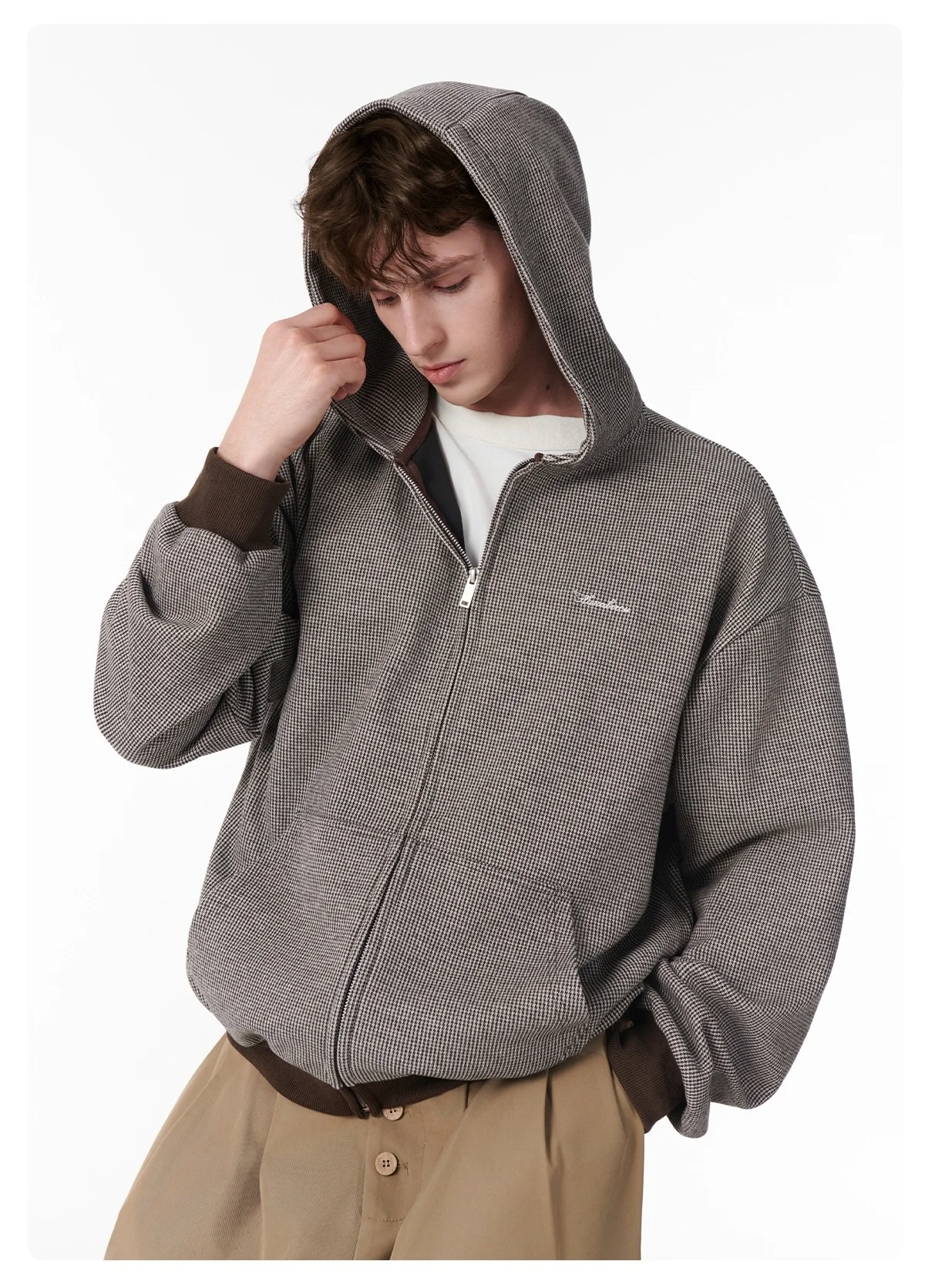 Faux Wool Houndstooth Cardigan Hoodie Men Short Oversized Warm Durable Embroidered Letters