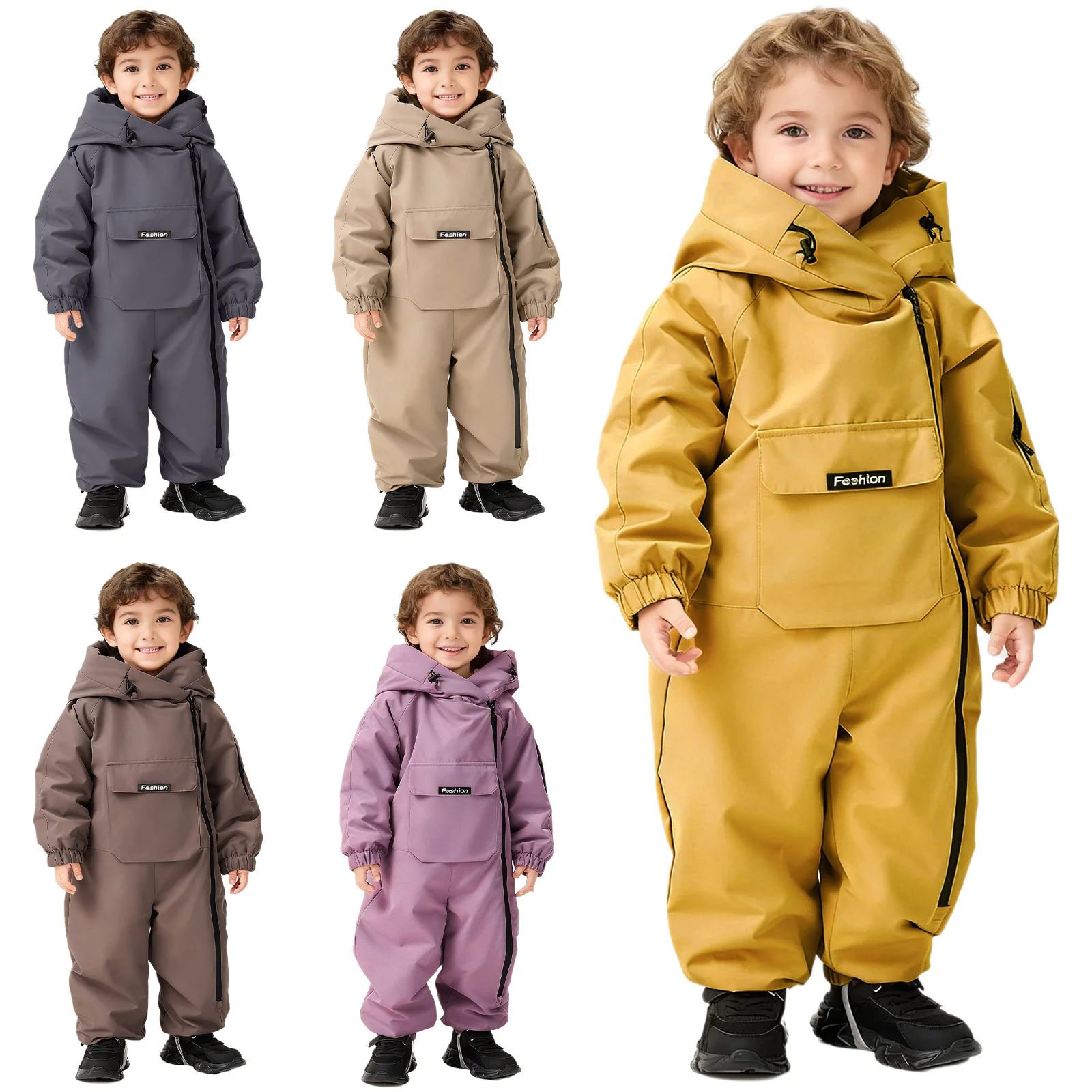 Infant Boys Girls Winter Warm Fleece-Lined Snowsuit Windproof Waterproof Hooded Padded Jumpsuit Long Sleeve Zipper Ski Rompers
