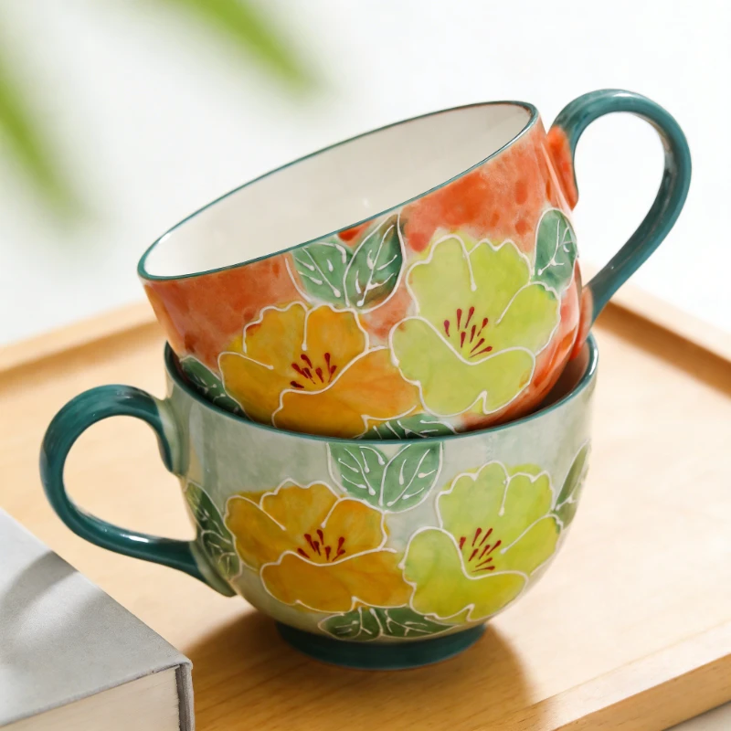 

New Retro Ware Breakfast Cup Home Hand Painted Embossed Ceramic Mug Large Capacity Office Flower Tea Cup Milk Oatmeal Drinkware