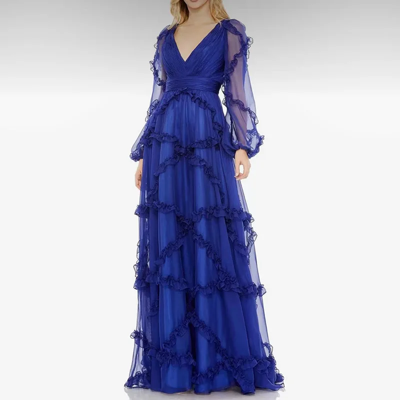 

French Court Style 2025NewVCollar Fashion Design Stitching Wooden Ear Solid Color Long Dress Female Summer