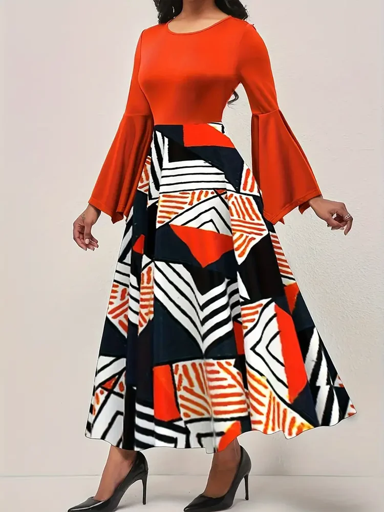 Geo Print Flare Sleeve A-line Dress, Elegant Crew Neck Ankle Length Dress, Women's Clothing