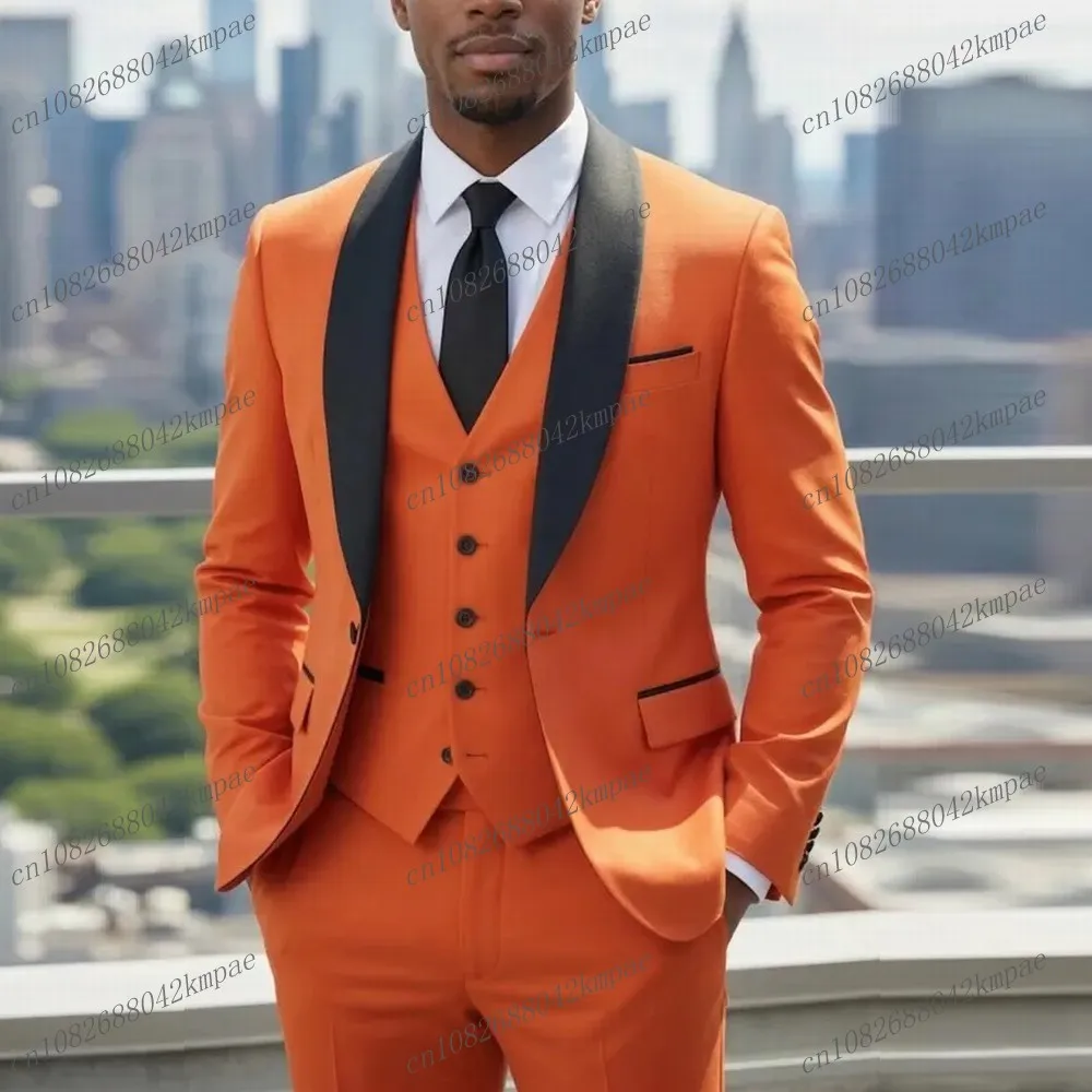 

Black Collar Orange Men Suit Formal Groom Groomsman Wedding Party Prom Male Business Tuxedos 3 Piece Set Blazer Vest Pants
