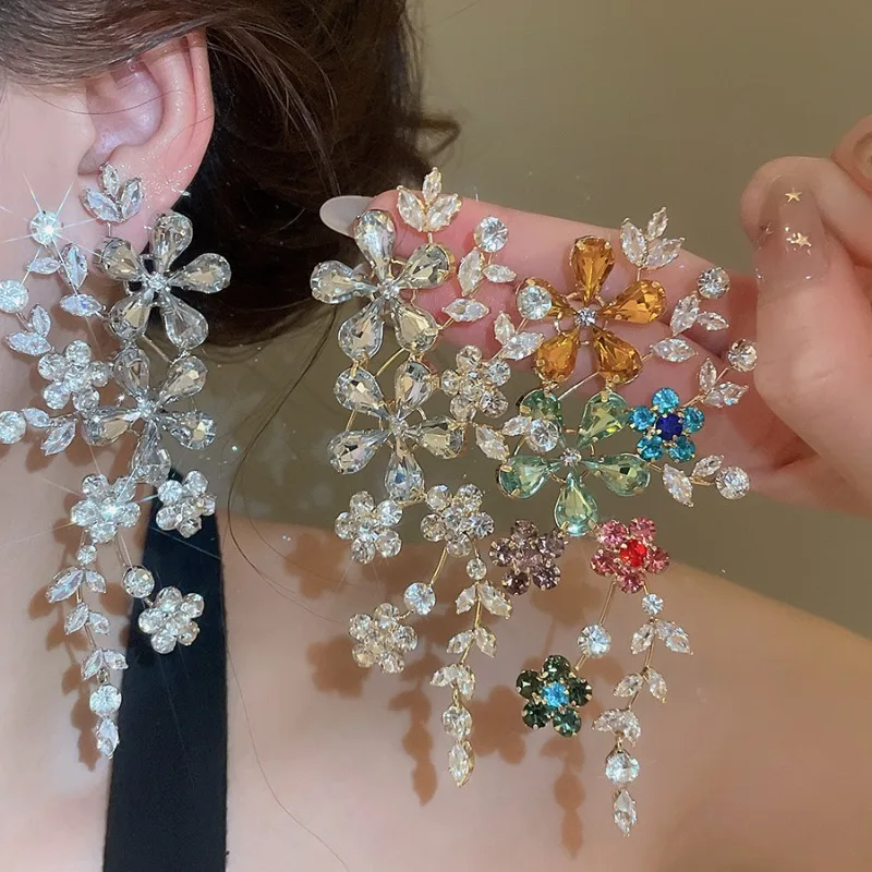

Minar New Luxury Full Multicolor Rhinestones Hollow Flower Long Drop Earrings for Women Real Gold Silver Plated Copper Jewelry