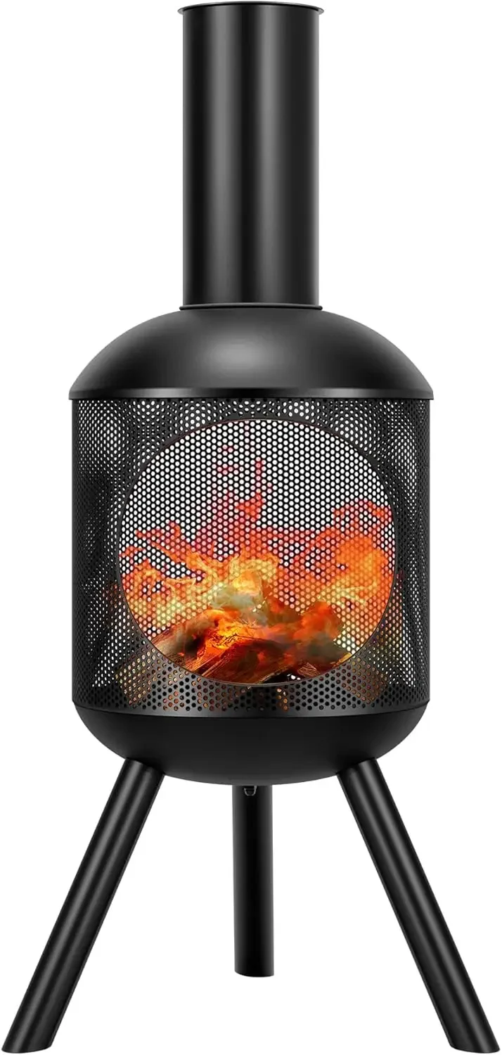 46 Inch Chiminea Outdoor Fireplace - Cold-Rolled Steel Wood Burning Fire Pit with Mesh Design, Top Chimney Cover & Fire Poker