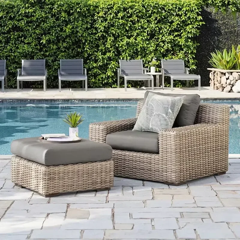 &Modern Outdoor Aluminum Rattan Furniture Set Patio Garden Wicker Sofa Chair Hotel Restaurant Entrance Decor