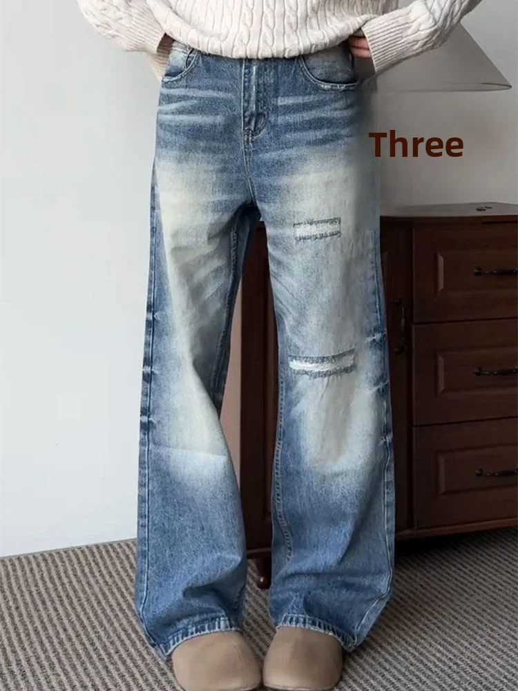 

Retro Washed Distressed Large Size American Whisker Jeans Women's Loose Slimming Casual Wide Leg Straight Long Pants