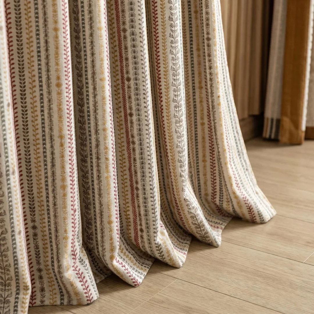 American folk flocking jacquard vertical stripe fabric curtain retro soft curtain bedroom living room floor curtain