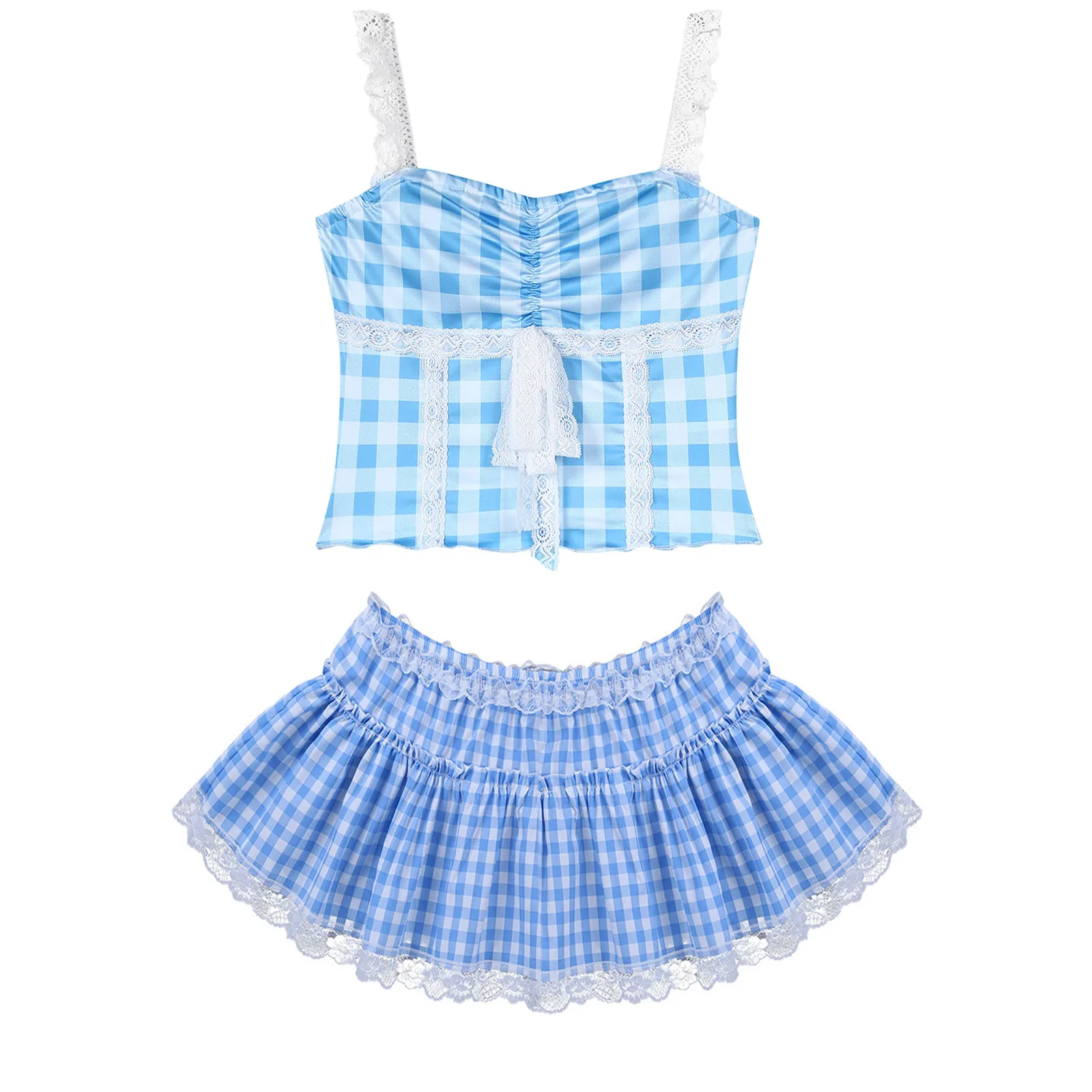 Womens Two-Pieces Plaid Outfit Lace Trim Spaghetti Crop Tops Square Neck Sleeveless Camisole Ruffled A-Line Mini Skirt Summer