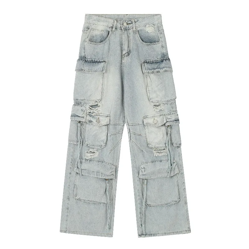 

KIDWHXR Men Cargo Pant Streetwear Punk Solid Color Hole Male Straight-leg Pant Mid Waist Washed Pocket Casual Man Denim Pant