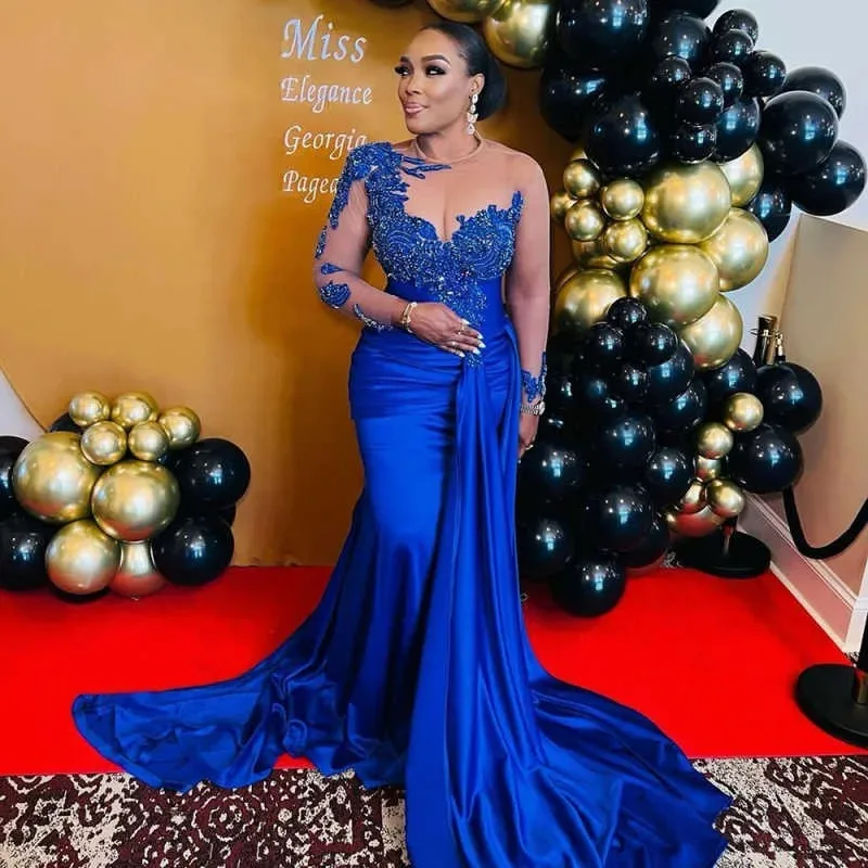 Vestido de noite feminino de renda azul sexy um ombro manga comprida vestido de festa de luxo frisado vestido de baile vestdos de fiesta personalizado